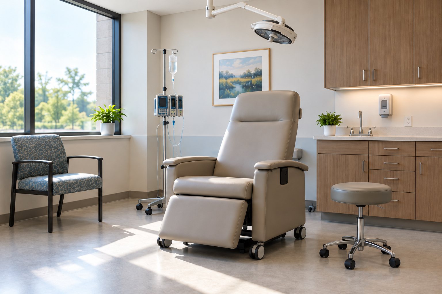 A bright outpatient treatment room with an infusion chair and clinical equipment.
