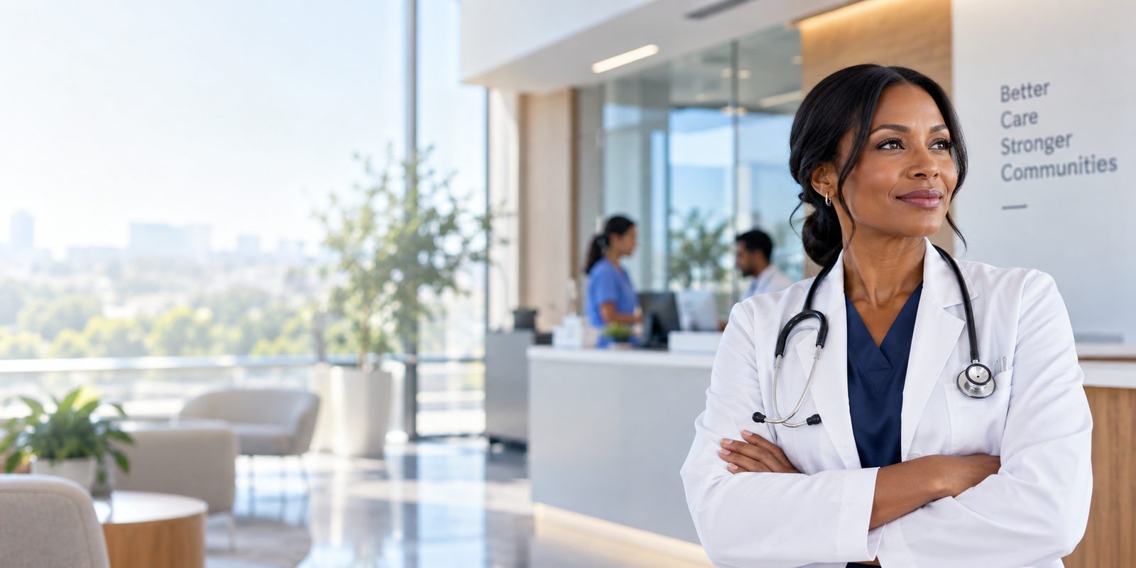 A physician standing with arms crossed in a bright clinic lobby, in front of the words Better Care, Stronger Communities.
